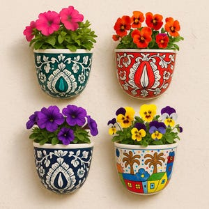 Könnte beinhalten: Vier farbenfrohe Wandpflanzgefäße, gefüllt mit leuchtenden Blumen. Die Pflanzgefäße weisen komplizierte Muster und Designs in Türkis, Rot, Marineblau und einem mehrfarbigen Design auf. Die Blumen umfassen rosa Petunien, orangefarbene Stiefmütterchen, violette Petunien und gelbe und violette Stiefmütterchen.