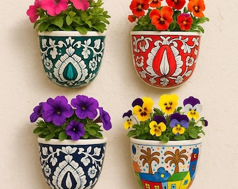 Fioriera conica da parete in ceramica dipinta a mano – Design floreale e villaggio multicolore – Vaso da parete per interni ed esterni