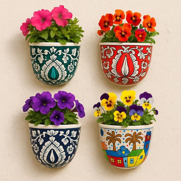 Vaso de parede cônico de cerâmica pintado à mão – Design floral multicolorido com motivos de vila – Vaso suspenso para ambientes internos e externos