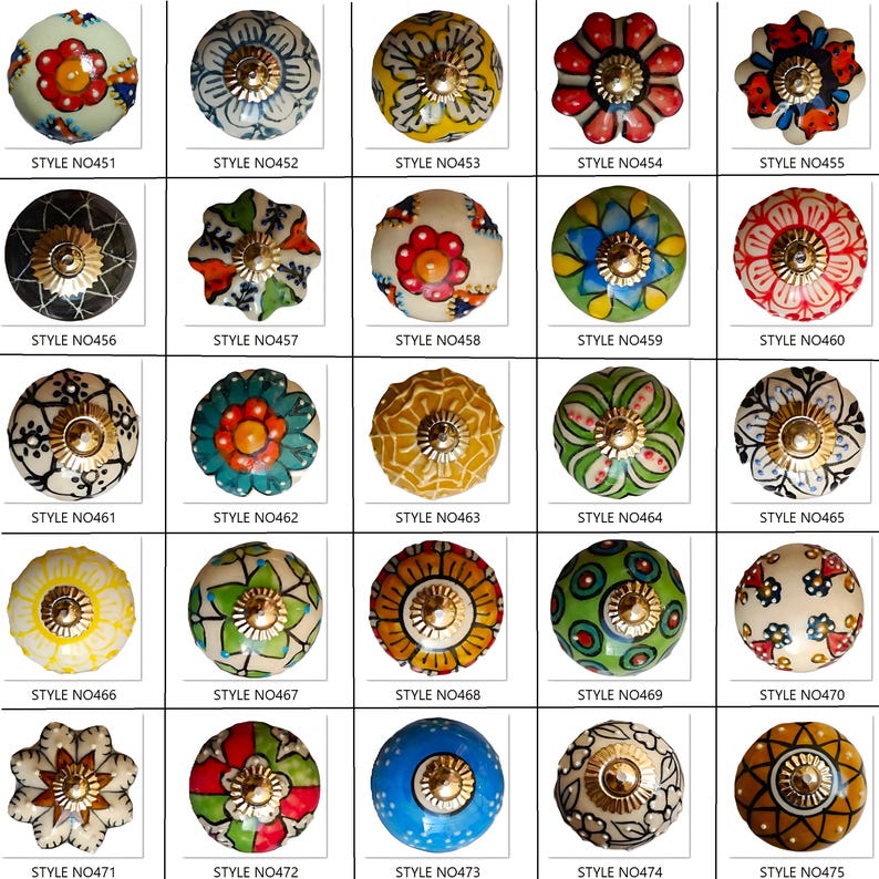 Peut inclure: Une collection de 25 boutons de meubles d&eacute;coratifs en c&eacute;ramique, aux couleurs et motifs floraux vari&eacute;s. Chaque bouton pr&eacute;sente un motif unique, notamment rouge, bleu, jaune et vert, avec une quincaillerie en m&eacute;tal dor&eacute;. Chaque bouton est num&eacute;rot&eacute;.