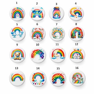 May include: A collection of sixteen white round buttons, each featuring a colorful rainbow design. The designs include rainbows with clouds, teddy bears, smiling moons, and other whimsical elements. The buttons are suitable for various craft projects.