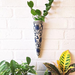 Hand-Painted Ceramic Wall Planter – Blue & White Floral Cone Pot for Indoor Wall Decor