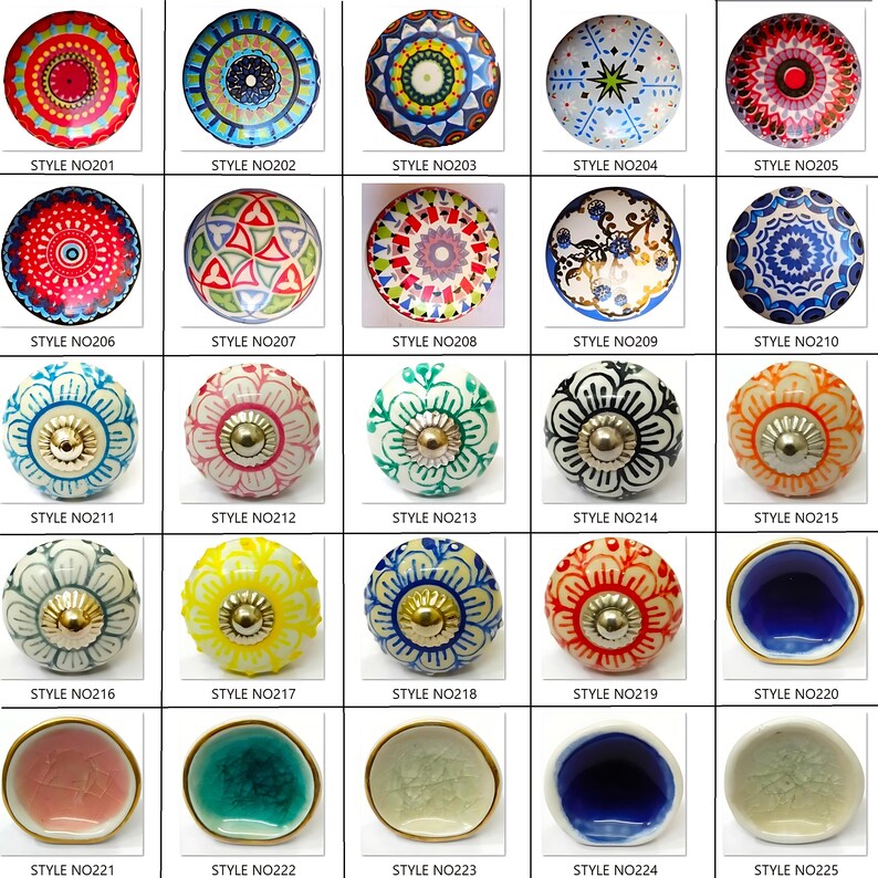 Peut inclure: Une collection de boutons de porte d&eacute;coratifs en c&eacute;ramique de diff&eacute;rentes couleurs et motifs. Chaque bouton pr&eacute;sente un design unique, notamment des motifs floraux, g&eacute;om&eacute;triques et abstraits. Les boutons sont &eacute;tiquet&eacute;s avec des num&eacute;ros de style, tels que "STYLE NO201" &agrave; "STYLE NO225".