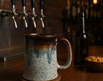 Handmade Ceramic Beer Mug: Rustic Drip Glaze Stoneware Tankard