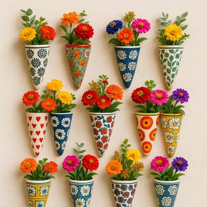 Può includere: Una collezione di vasi in ceramica a forma di cono, ciascuno riempito di fiori colorati. I vasi presentano vari motivi, tra cui disegni floreali, cuori e forme geometriche. I fiori sono un mix di rosso, arancione, giallo, rosa e viola.