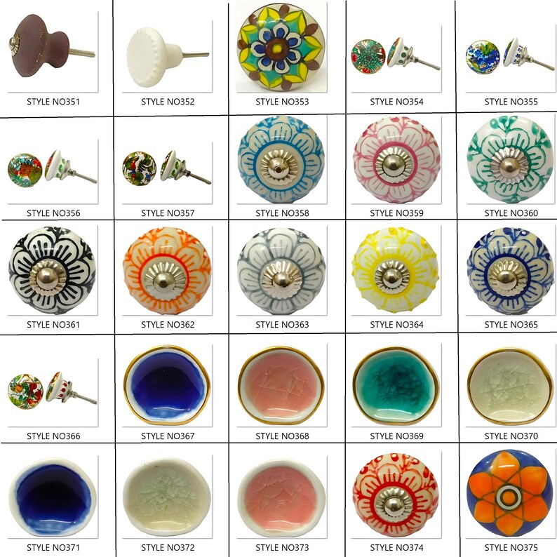 Peut inclure: Une collection de boutons de meubles d&eacute;coratifs de diff&eacute;rentes couleurs et designs. Les styles incluent des motifs floraux, des couleurs unies et des textures uniques. Chaque bouton a une base en m&eacute;tal et est num&eacute;rot&eacute;.