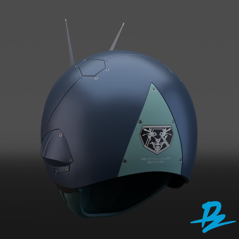 May include: A blue and teal helmet with a silver emblem and the text "BATTA-AUG  B3A-R21".