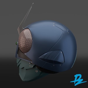 May include: A blue and green helmet with a clear visor and a textured eye piece. The helmet has a pointed antenna on top.