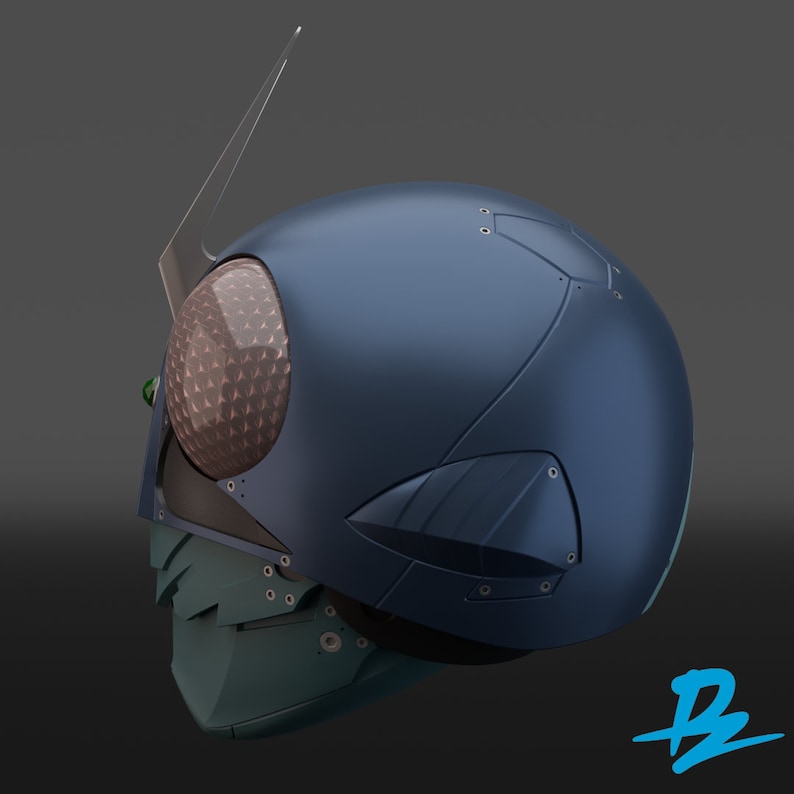 May include: A blue and green helmet with a clear visor and a textured eye piece. The helmet has a pointed antenna on top.