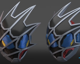 May include: A silver and black helmet with blue and yellow accents. The helmet has a sharp, angular design with spikes on top.
