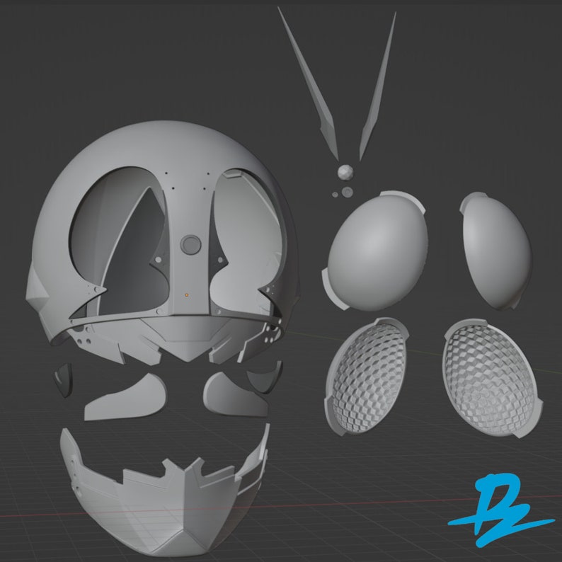 May include: A 3D model of a helmet, disassembled into its individual parts. The helmet is gray and has a futuristic design. The parts are arranged around the helmet, showing the intricate details of its construction.