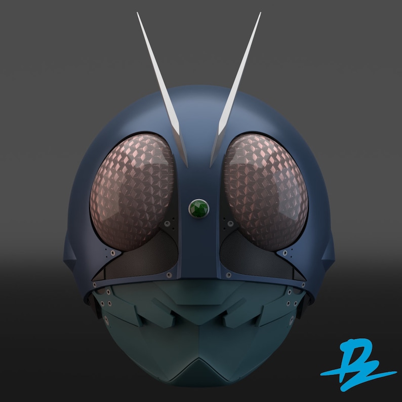 May include: A blue and black helmet with a green gem in the center and two large, textured, eye-like panels on the front.