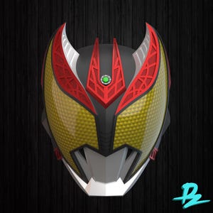 May include: A futuristic mask in yellow, red, and black. The mask has a textured yellow visor, red detailing, and a central red crest with a green gem. The design is angular and stylized, with a sleek, modern aesthetic.