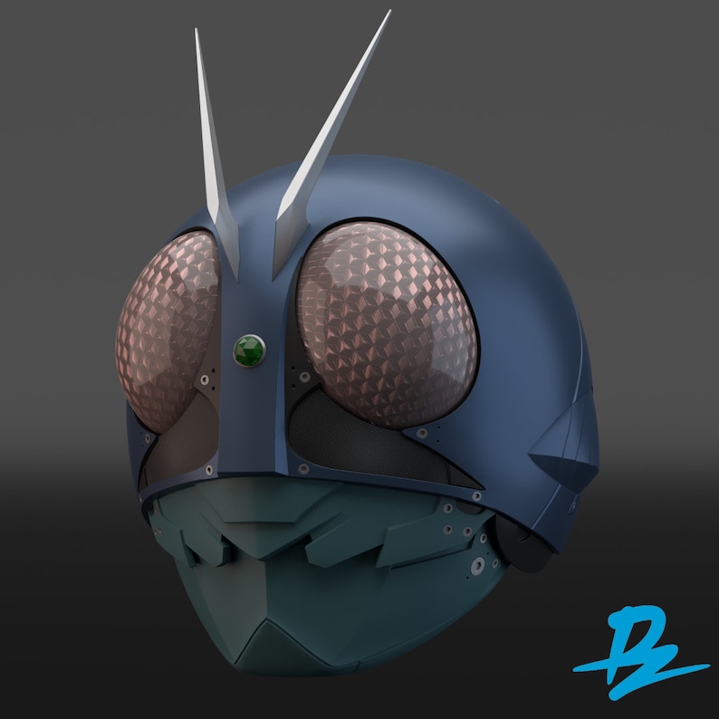 May include: A blue and silver helmet with a green jewel in the center and two large, round, red lenses. The helmet has a sharp, pointed design.