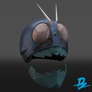 May include: A blue and green helmet with a faceplate that can be removed. The helmet has a large, round, clear visor with a honeycomb pattern. The helmet has a green jewel on the front.