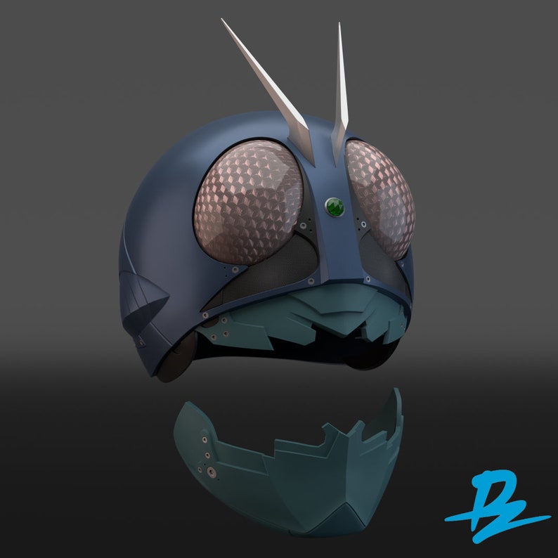 May include: A blue and green helmet with a faceplate that can be removed. The helmet has a large, round, clear visor with a honeycomb pattern. The helmet has a green jewel on the front.
