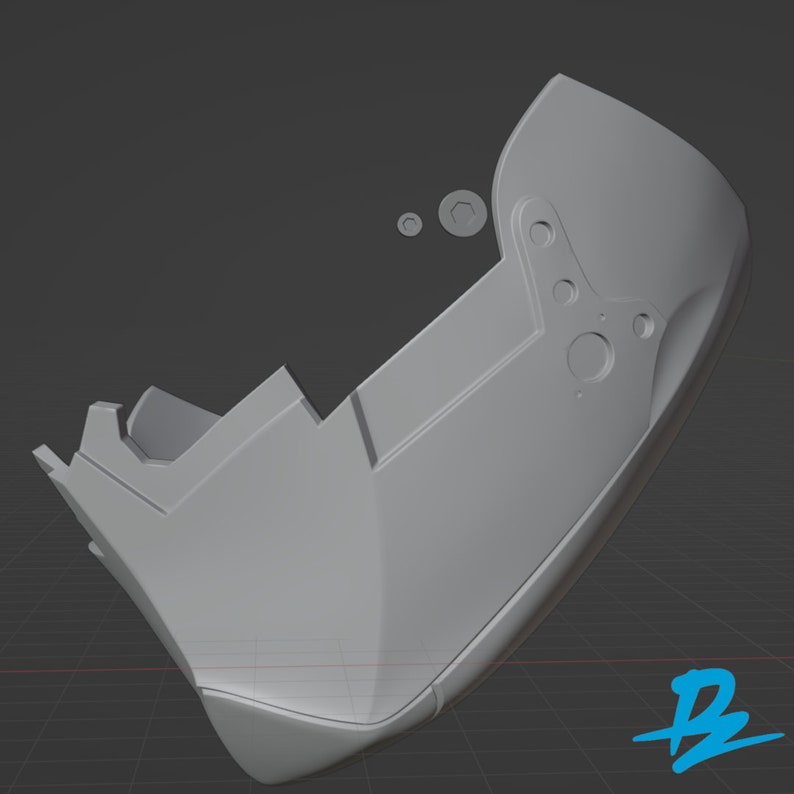 May include: A gray 3D printed model of a helmet with a textured surface and several holes. The helmet is missing a section on the left side.