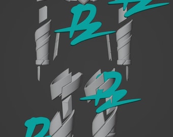 May include: A gray, segmented robotic armor suit, possibly for cosplay or a costume. The design includes a torso, arms, and legs, with angular plates and cylindrical elements. Teal script is overlaid on the image.