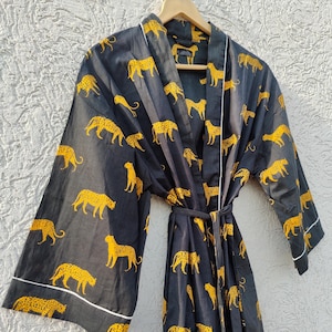 Animal Print Cotton Women&#39;s Robe-Indian Kimono-Dressing Gown-Bikini Cover Up-Bathrobe With Belt