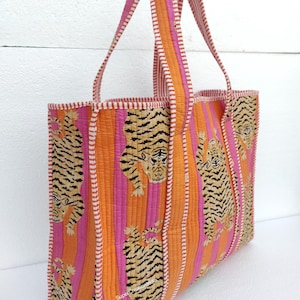 Tiger Print Baumwoll-Einkaufstasche, gesteppte Tasche, große Einkaufstasche, Markttasche, Geschenke für sie