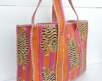 Tiger Print Cotton Tote Bag, Quilted Bag, Large Shopping Bag, Market Bag, Gifts For Her