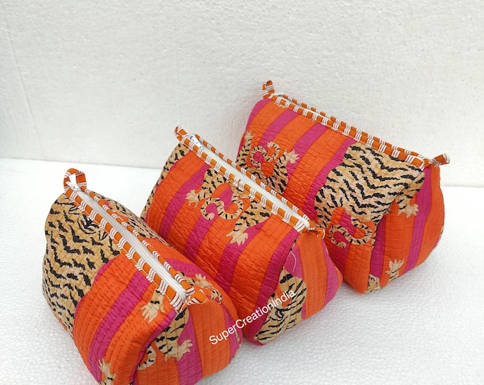 Quilted Cotton Cosmetic Bag Set: Handmade Toiletry Bags, 3 Pcs