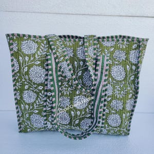 Handgefertigte Baumwoll Olive Grün Block Print Tasche, Einkaufstasche, Große Einkaufstasche, gesteppte Tasche