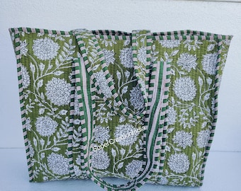 Handmade Cotton Tote Bag: Olive Green Block Print, Quilted Shopping Bag