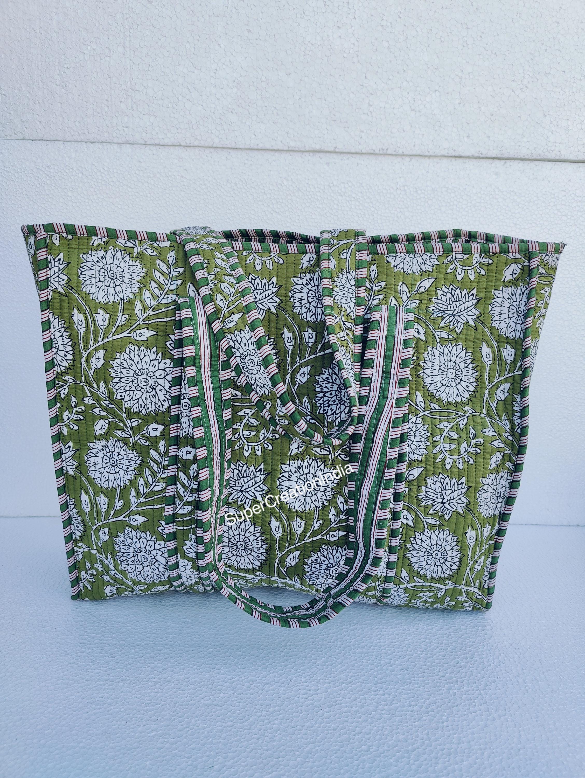 Handmade Cotton Tote Bag: Olive Green Block Print, Quilted Shopping Bag