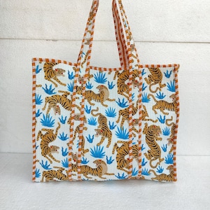 Tiger Print gesteppte Einkaufstasche, Markttasche, Baumwollhandtasche, große Einkaufstasche, Reisetasche
