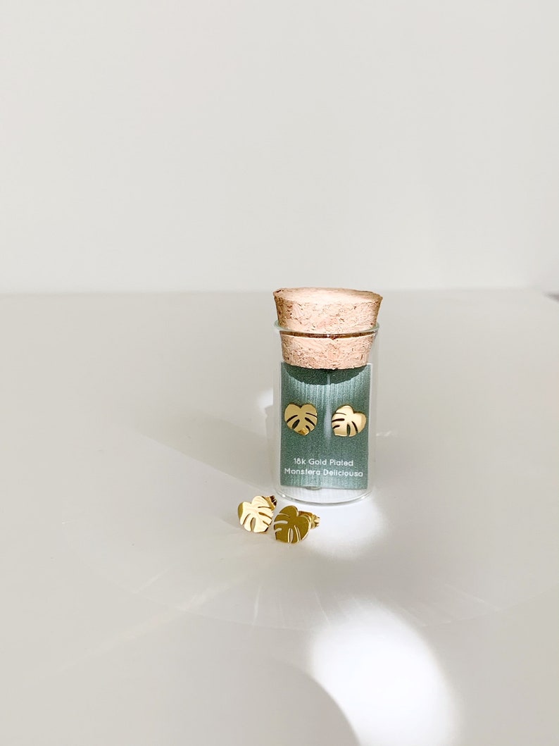 Hypoallergenic Tiny Dainty Monstera Deliciosa earring studs | Gift for Plant Mama Daddy Parent | Plant Dosage |Tarnish-free| Houseplant gift image 6