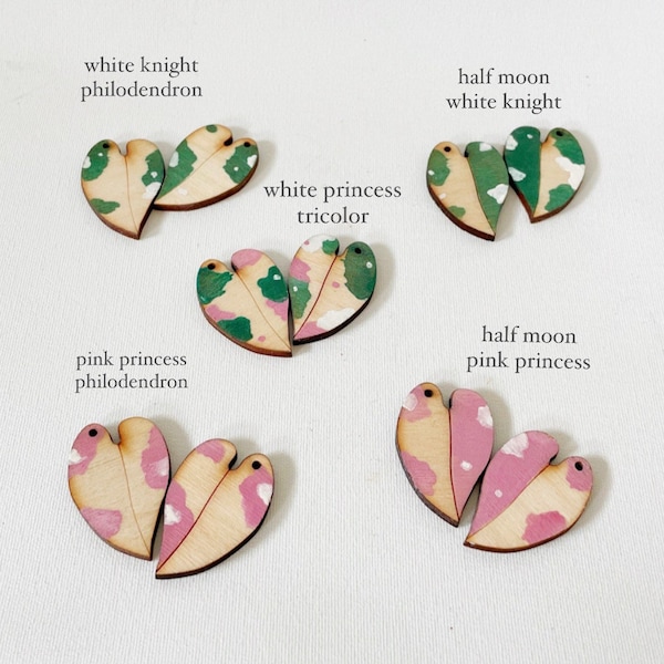 Pink princess philodendron, White Knight Philodendron, White Princess Philodendron wooden painted earrings