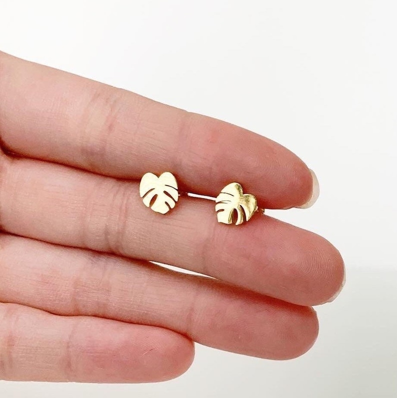 Hypoallergenic Tiny Dainty Monstera Deliciosa earring studs | Gift for Plant Mama Daddy Parent | Plant Dosage |Tarnish-free| Houseplant gift image 4
