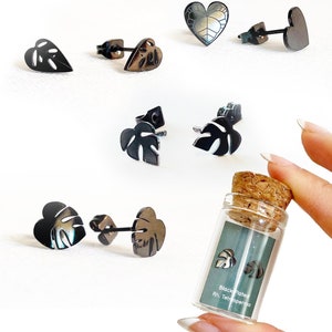 Black Plated Plant Leaf Stud Earrings | Hypoallergenic Gift