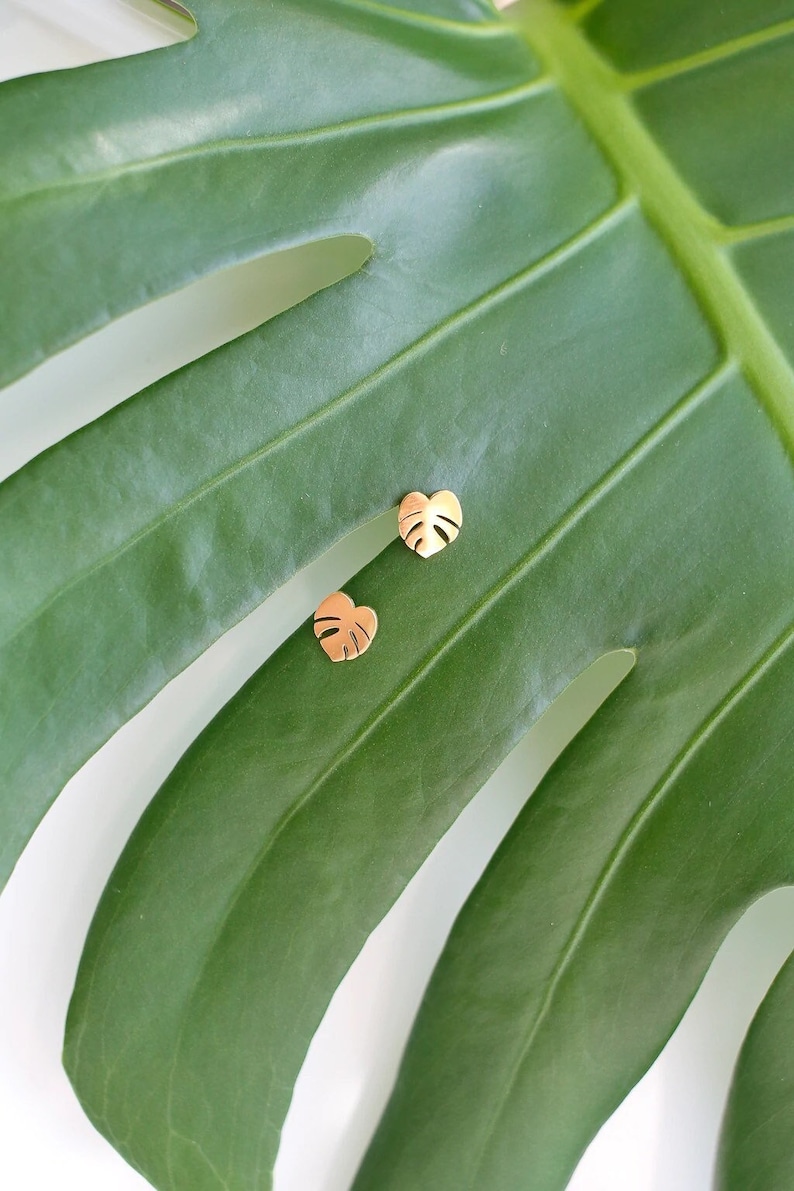 Hypoallergenic Tiny Dainty Monstera Deliciosa earring studs | Gift for Plant Mama Daddy Parent | Plant Dosage |Tarnish-free| Houseplant gift image 2