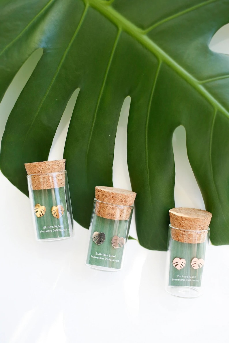 Hypoallergenic Tiny Dainty Monstera Deliciosa earring studs | Gift for Plant Mama Daddy Parent | Plant Dosage |Tarnish-free| Houseplant gift image 3