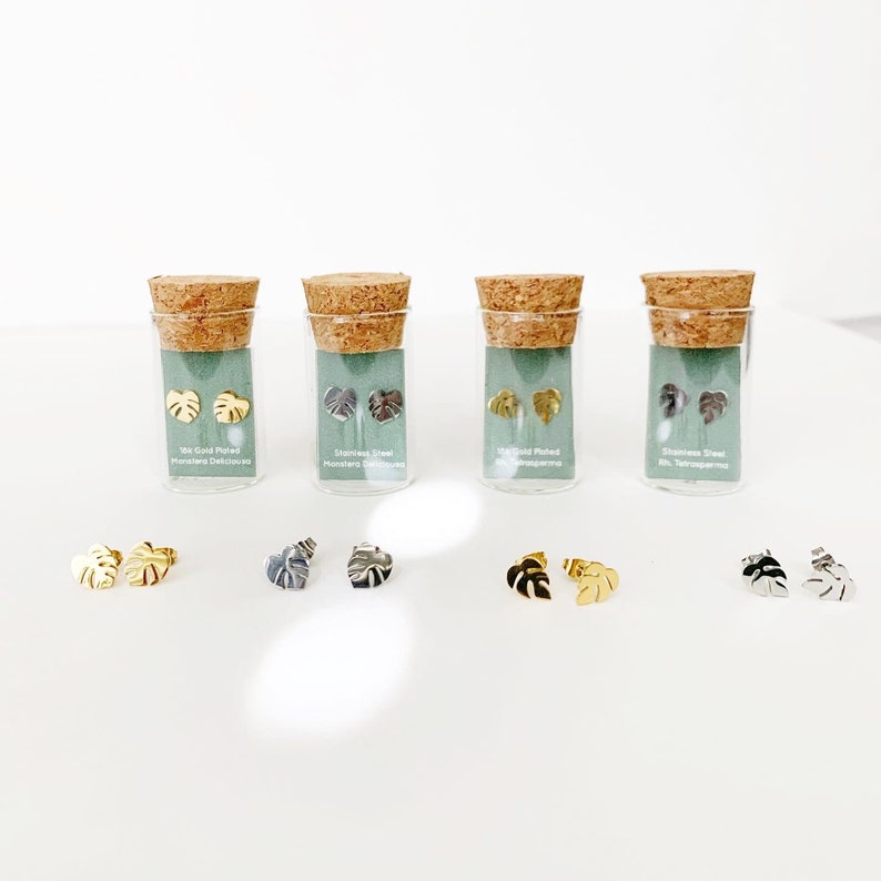 Hypoallergenic Tiny Dainty Monstera Deliciosa earring studs | Gift for Plant Mama Daddy Parent | Plant Dosage |Tarnish-free| Houseplant gift image 5