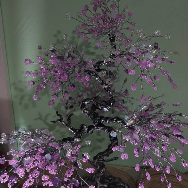 Árbol bonsái de amatista, escultura de alambre de ópalo, árbol de cuentas, árbol de piedras preciosas Feng Shui de amor espiritual, sabiduría e intuición, regalo de aniversario.