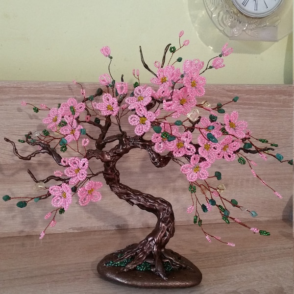 Bonsai Tree of Life, Nephrite et Citrine Tree of Happiness and Harmony, Pink Bead blossomed Tree, Wire Sculpture, Boutique Tree, Charm Gift