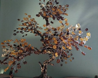 Tijgeroog, levensboom met citrien, grote draadsculptuur, feng shui-boom van succes en voorspoed, jubileumcadeau, verjaardagscadeau.