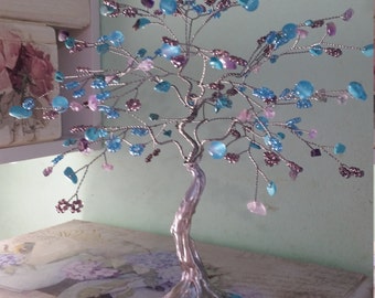 Birthstone Christmas Tree Decoration Turquoise Wire Sculpture Silver plated December Birthstone Gemstone Tree Glass Bauble Blue tree