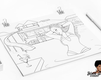 May include: A black and white line drawing of a person relaxing in a pool with a waterslide and a tropical resort in the background. The person is wearing a swimsuit and has long hair. There is a cocktail glass with a straw on a table in the foreground.