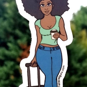 May include: A sticker of a cartoon woman with an afro hairstyle, wearing a green tank top, blue jeans, and holding a coffee cup. She is pulling a brown suitcase with the text "www.ronithetravelguru.com" on the sticker.