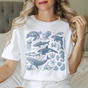 Zeedieren vintage jaren 90-stijl - comfortabele kleuren, retro Y2k oceaan-T-shirt, zeedierenshirt, shirt walvis, orka, schildpad, dolfijn, schattig zeedier-shirt