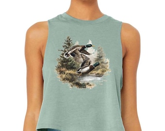 Stockenten Enten - Racerback Crop Top Tank BC, Stockenten Enten Shirt, Geschenk für Entenliebhaber, Vintage Wildlife Grafik T-Shirt, Camping Shirt