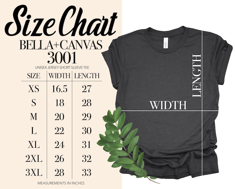 May include: A dark gray unisex short sleeve tee shirt with a size chart. The size chart shows measurements in inches for sizes XS to 3XL. The shirt is from Bella+Canvas, style 3001.