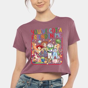 May include: A mauve short-sleeved crop top featuring a colorful graphic of Toy Story characters including Woody, Buzz Lightyear, Jessie, and others. Above the characters, the text reads YOU'VE GOT A FRIEND IN ME in multi-colored letters.