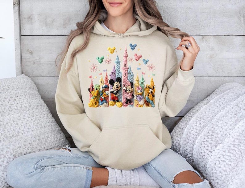 Faux Crochet Mickey Friends Castle - Hoodie GD, Disneyworld Happiest Place on Earth, Disneyland Shirt, Disney Girls Trip Shirt image 1