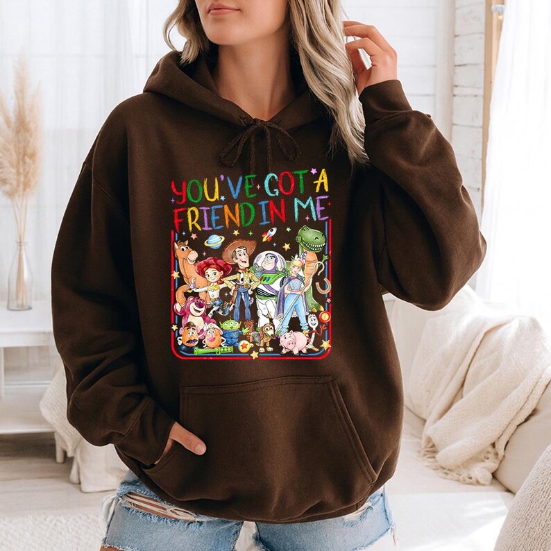 May include: A dark brown hooded sweatshirt featuring a colorful graphic print of various animated characters from the Toy Story franchise. The text "YOU'VE GOT A FRIEND IN ME" is printed in multi-colored letters above the character illustration.