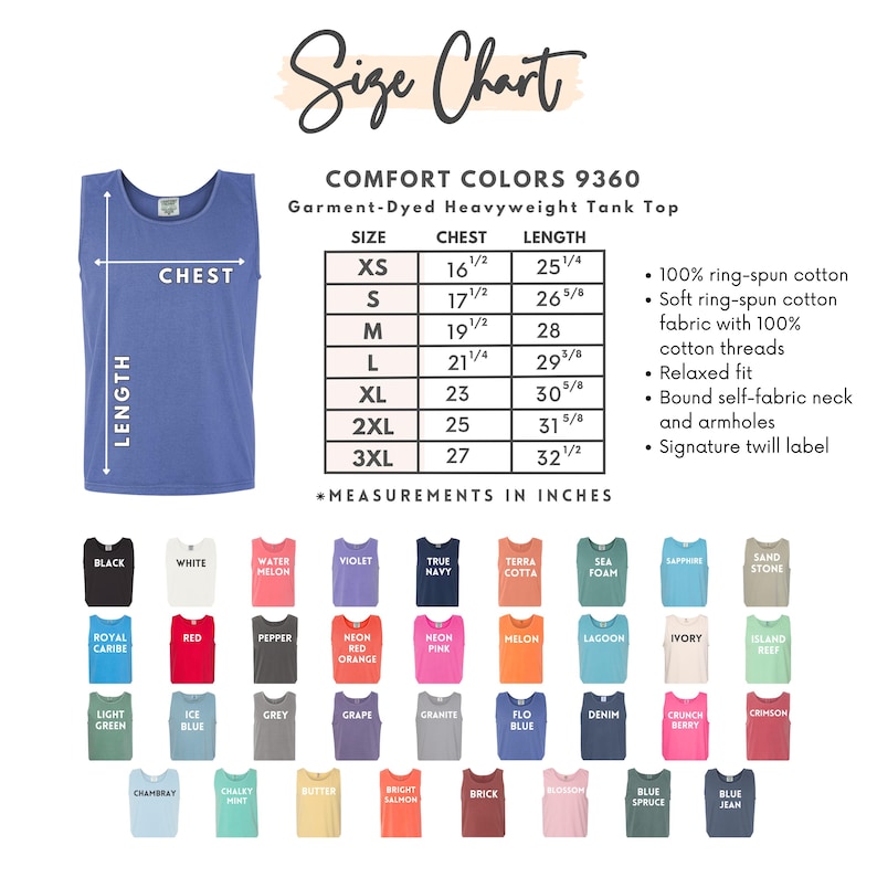 Puede incluir: Tabla de tallas para una camiseta sin mangas de peso pesado te&ntilde;ida en prenda en varios colores. La tabla muestra las tallas XS a 3XL con las medidas de pecho y largo correspondientes en pulgadas. La camiseta sin mangas est&aacute; hecha de 100% algod&oacute;n hilado en anillo con un ajuste relajado y cuello y sisas de tejido auto-unido.